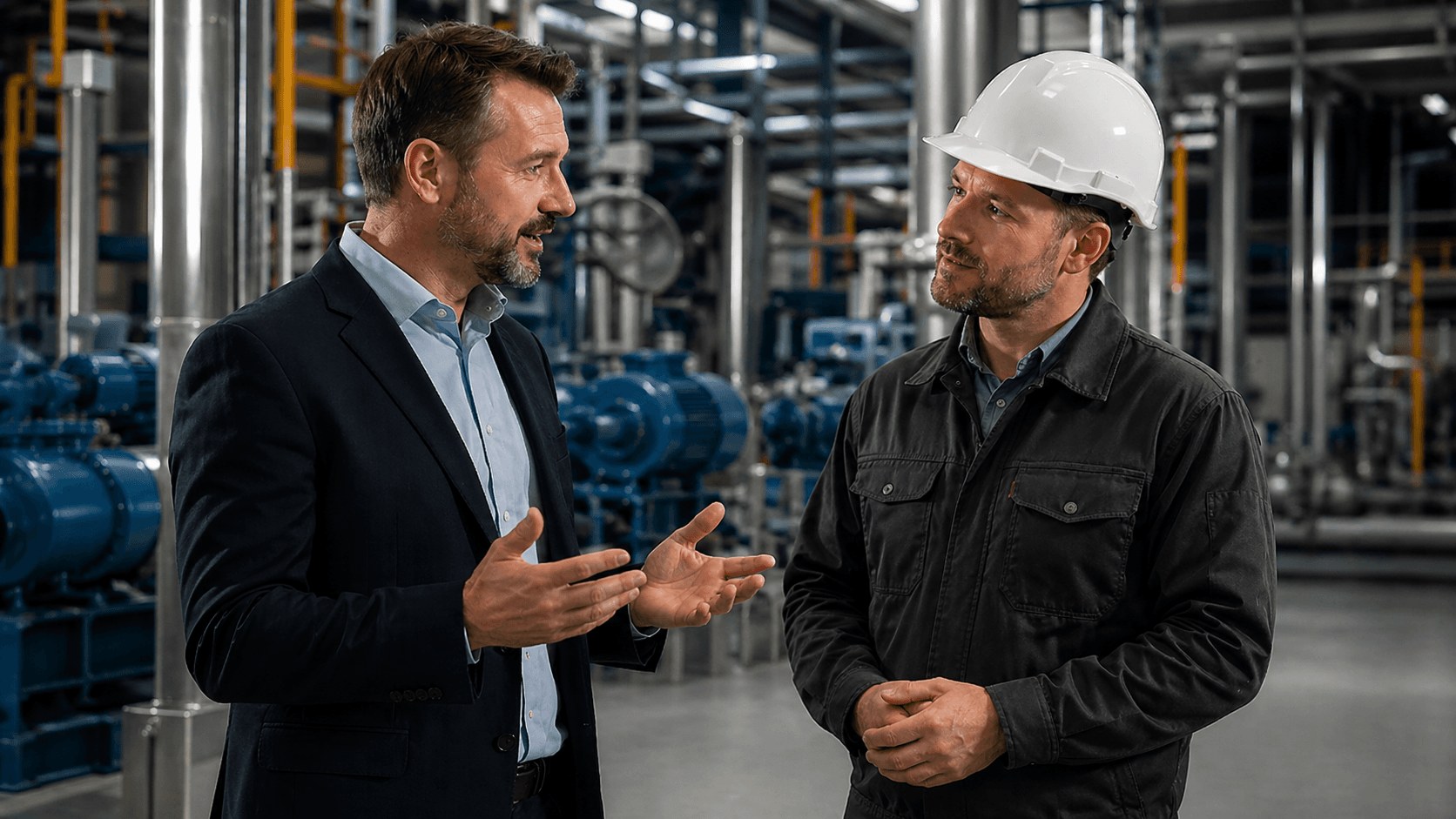 Consultor energético a falar com técnico numa instalação industrial.